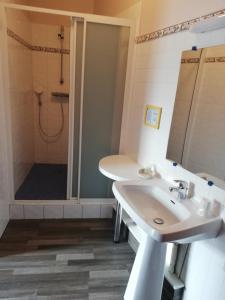 a bathroom with a sink and a shower at Hôtel-restaurant Les Colonnades in Saint-Fulgent