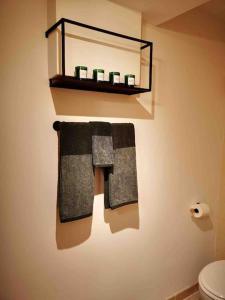 a bathroom with towels and a shelf on the wall at Oasis de 42 m2 I Cosy I Cœur de ville I Lit 160x200 in Vaison-la-Romaine