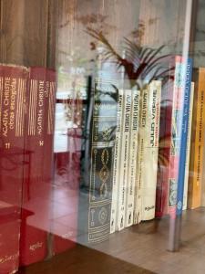 a row of books on a shelf at Corzo Hotel in Cercedilla