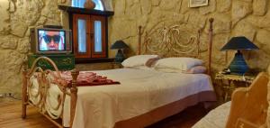 1 dormitorio con 1 cama y TV en una pared de piedra. en Tunis Lake View, en ‘Izbat an Nāmūs