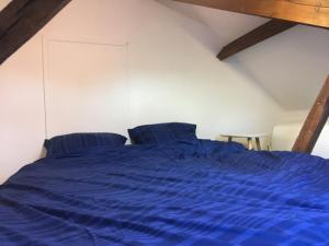 a bed in a room with a blue comforter at Studio Gambetta Republique in Lille