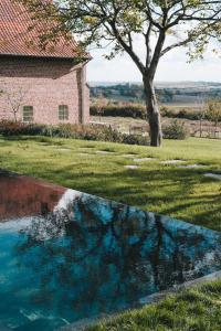 a reflection of a building and a tree in the grass at The Shepherds Farm in Heuvelland