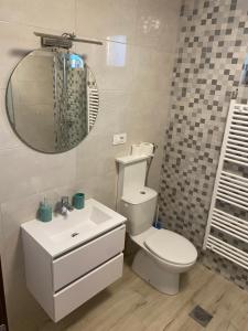 een badkamer met een toilet, een wastafel en een spiegel bij VILLA 1378 ERDUT in Erdut +4 foto's