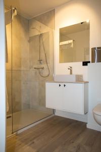 een badkamer met een douche, een wastafel en een spiegel bij Hotel Swaenenburg in Oostrozebeke