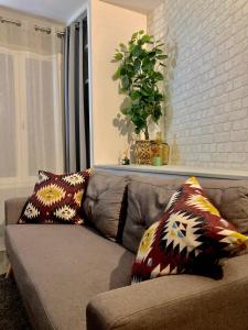 a couch with pillows on it in a living room at Alex Place's in Saint-Ouen-lʼAumône