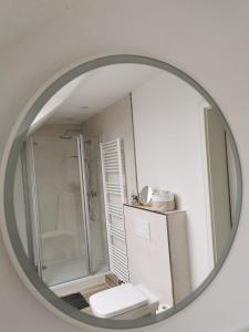 espejo que refleja un baño con aseo y ducha en Deisterquartier, Ferienwohnung am Naherholungsgebiet, en Barsinghausen