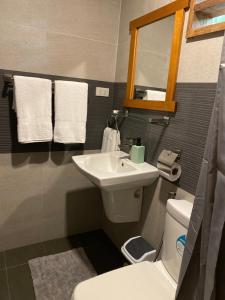 uma casa de banho com um lavatório, um WC e um espelho. em Happy Camper Hostel em Coron