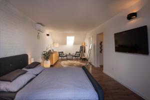 Un dormitorio con una cama y un televisor de pantalla plana. en Apartmán pod Vežou 2, en Banská Bystrica