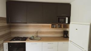 a kitchen with black cabinets and a sink and a microwave at Casa de la Chiojdu in Bîsca Chiojdului