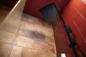 een douche in een badkamer met een rode muur bij Boutique Hotel Four in Geldrop
