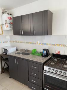una cucina con armadi neri, lavandino e piano cottura di Luis II a Villa María
