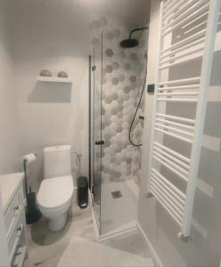 y baño blanco con aseo y ducha. en Lovely apartment Nadolnik, en Poznan