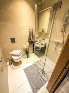 a bathroom with a shower and a toilet and a sink at Riga Center - Quiet Studio - 5 min to Old Town & NFLX in Rīga +10 photos