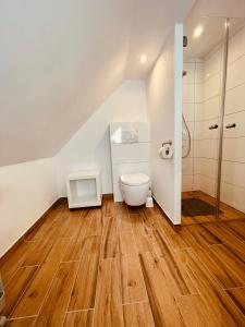 a bathroom with a toilet on a wooden floor at Thomasmühle Ferienwohnungen in Leutershausen