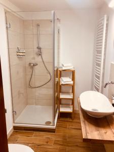 a bathroom with a shower and a sink at Thomasmühle Ferienwohnungen in Leutershausen