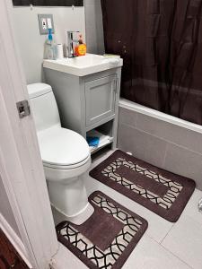 a bathroom with a toilet and a sink and a shower at Simplified Living Space in Chicago