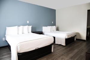 two beds in a room with blue walls and wooden floors at Crystal Inn Eatontown in Eatontown