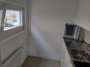 eine Küche mit einem Waschbecken und einem Fenster in der Unterkunft Kleine Apartment im Zentrum Bern in Bern