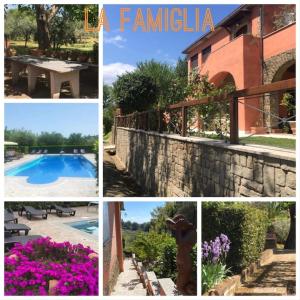 a collage of pictures of a house and a pool at La Famiglia in Vasanello