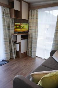 a living room with a couch and a television at Koie Smart in Stranda