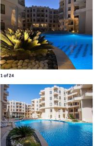two pictures of a building and a swimming pool at Luxury Aqua Tropical Resort Next To Al Gouna 4 0 1 in Hurghada