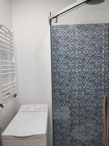 a bathroom with a shower with a toilet and a stove at Studio Nice in Old Town Tonitza in Bucharest +22 photos