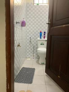 a bathroom with a toilet and a rug on the floor at MiniPalais Bukoto in Kampala