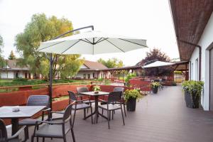 d'une terrasse avec des tables, des chaises et un parasol. dans l'établissement Hotel Nenufar, à Kościan