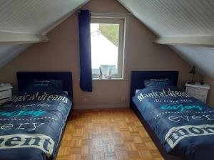 twee bedden in een kamer met een raam bij The Beach House in Middelkerke