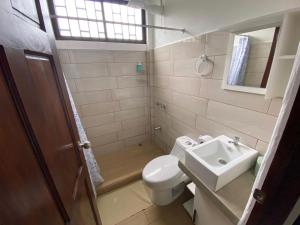 a small bathroom with a toilet and a sink at Aracari Garden Hostel in Tortuguero