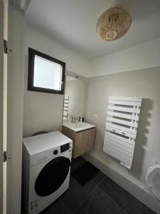 Elle comprend une petite salle de bains pourvue d'une cuisinière et d'un évier. dans l'établissement Superbe appartement de 51m2 à 10mn de Paris, à Boulogne-Billancourt