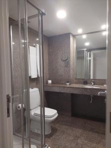 a bathroom with a toilet and a sink and a mirror at Costa Nova Hotel in Costa Nova