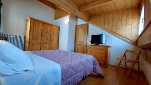 sypialnia z łóżkiem i telewizorem oraz drewnianym sufitem w obiekcie Appartamento Fiocco Di Neve w mieście Campitello di Fassa