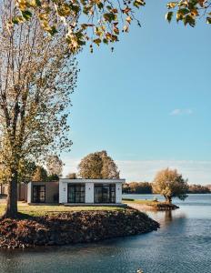 a house on an island in the water at MarinaPark Bad Nederrijn in Maurik