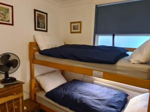 2 Etagenbetten in einem Zimmer mit Fenster in der Unterkunft East of Ipswich Bed & Breakfast in Ipswich