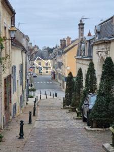 a cobblestone street in a town with cars parked at NATICOSY-Appartement centre historique avec jardin IDEAL COUPLE in Bellême