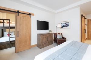 um quarto com uma cama, uma televisão e uma cadeira em The Snowpine Lodge em Alta