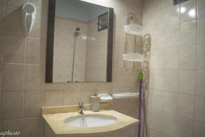 ein Bad mit einem Waschbecken und einem Spiegel in der Unterkunft El Pinar Suizo in Cacheuta