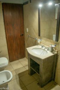 La salle de bains est pourvue d'un lavabo, de toilettes et d'un miroir. dans l'établissement El Pinar Suizo, à Cacheuta