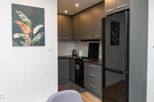 a kitchen with stainless steel appliances and a black refrigerator at Chałubińskiego przytulne mieszkanie przy parku, blisko dworca in Radom