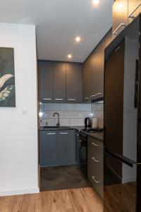 a kitchen with black cabinets and a blue refrigerator at Chałubińskiego przytulne mieszkanie przy parku, blisko dworca in Radom +10 photos