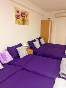 three beds in a room with purple sheets at Apartman Lavanda Banja Koviljaca in Banja Koviljača