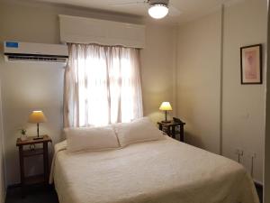 a bedroom with a white bed and a window at Hotel Ariosto in Mendoza