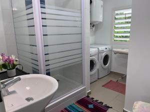 a bathroom with a sink and a washing machine at Chambre Chez l'habitant à 5mn de l'aéroport in Les Abymes