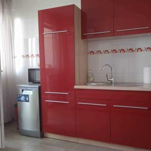 een rode keuken met een wastafel en een magnetron bij Adria Sky in Rijeka