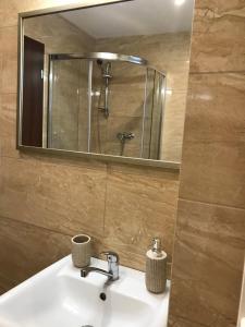 a bathroom sink with a mirror and a shower at Apartmánový dom Višňové in Višňové