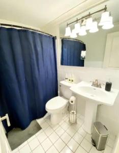 Cozy Downtown Atlanta Condo في أتلانتا: حمام مع ستارة دش زرقاء ومرحاض ومغسلة