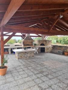 a stone patio with a picnic table and a stone fireplace at Silver House in Asímion