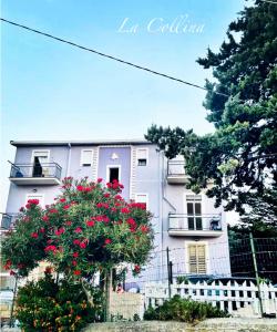 una casa bianca con fiori rossi davanti di La Collina a Agrigento
