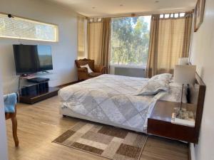 um quarto com uma cama e uma televisão de ecrã plano em Agradable casa de campo 2 pisos con piscina. em Algarrobo